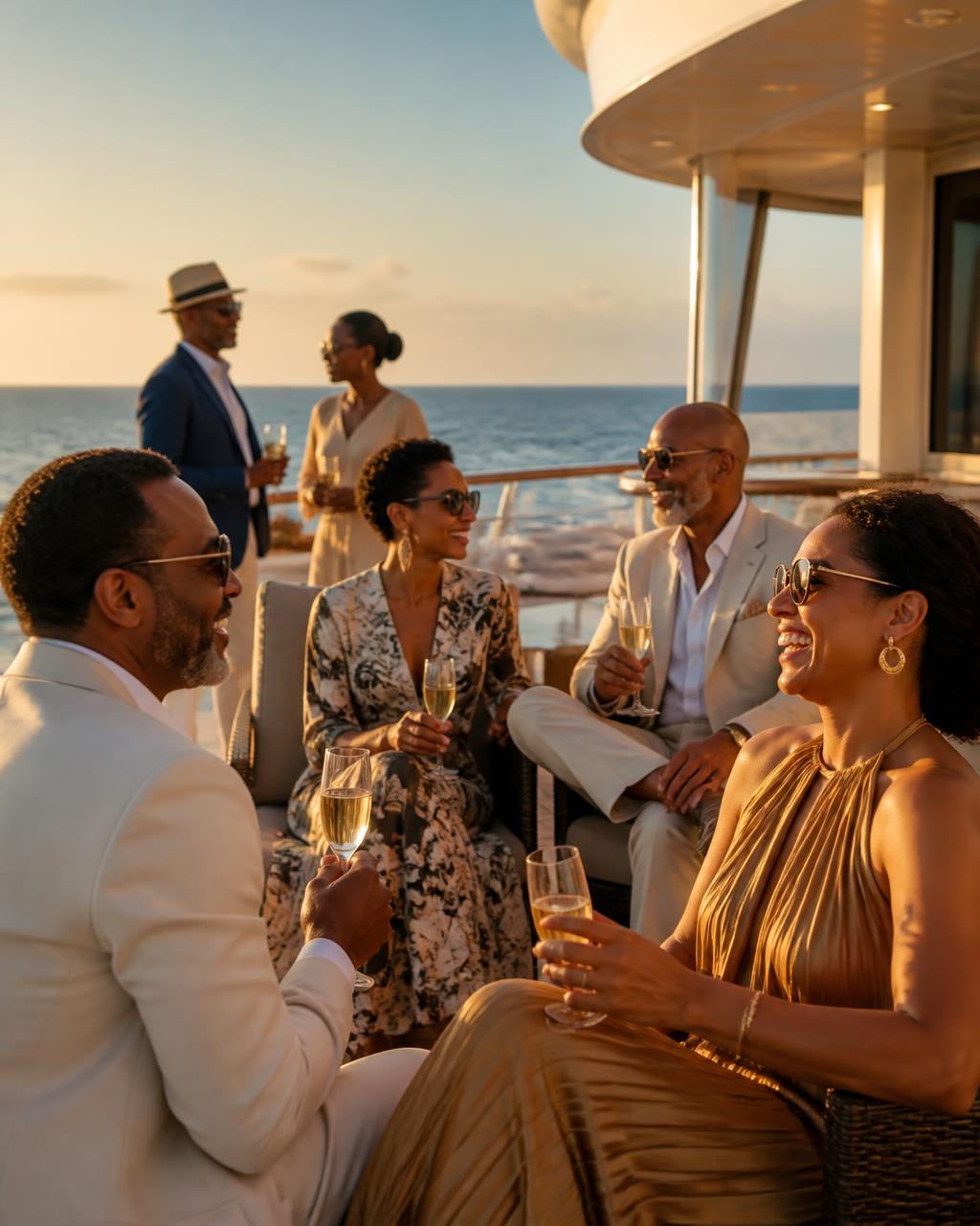 Travelers on the deck of a ship at golden hour