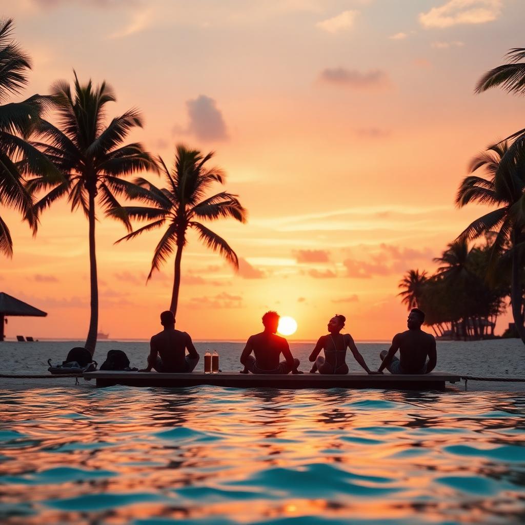 Travelers watching the sunset from a palm-lined Bahian beach