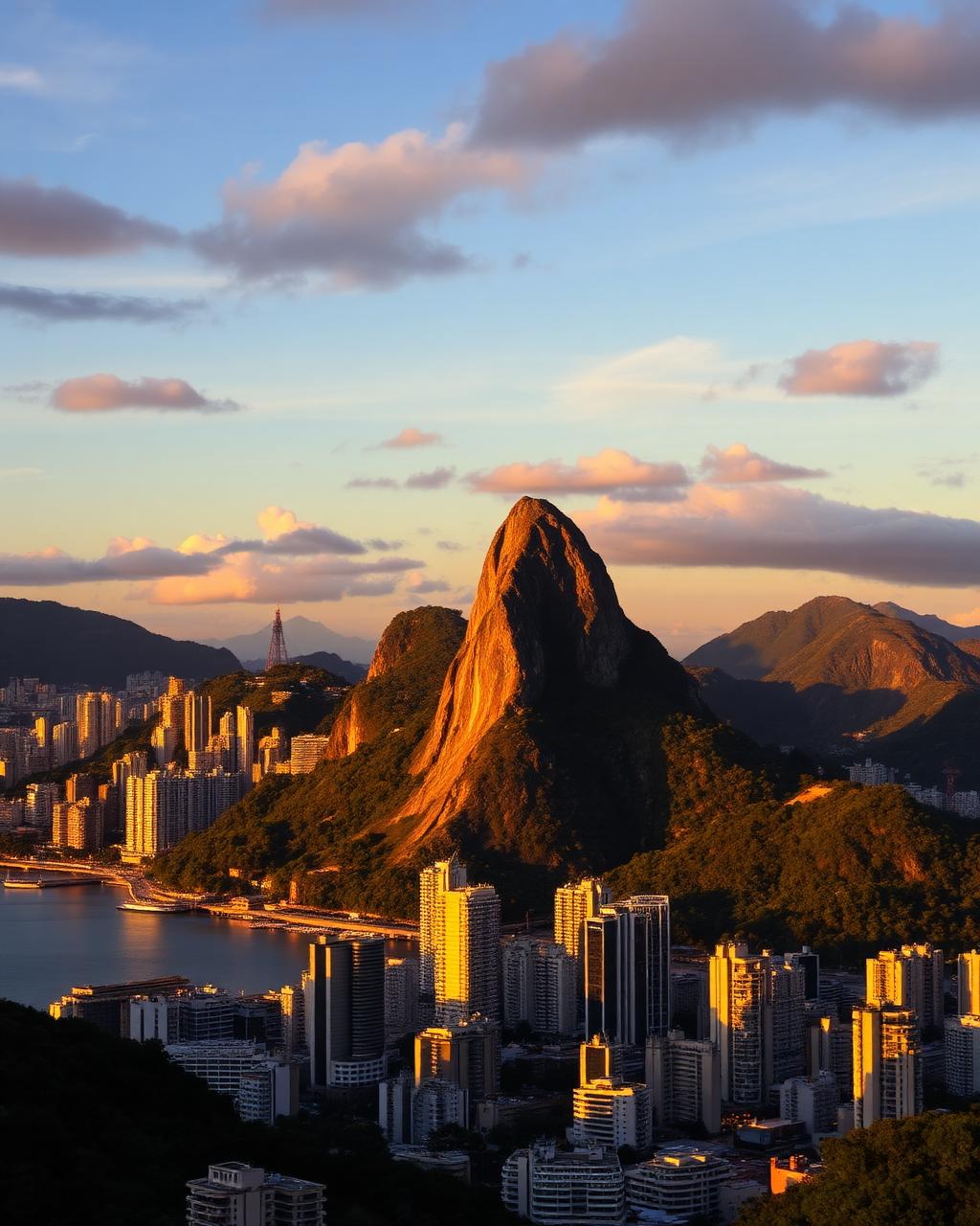 Rio de Janeiro at golden hour with Sugarloaf Mountain above Guanabara Bay