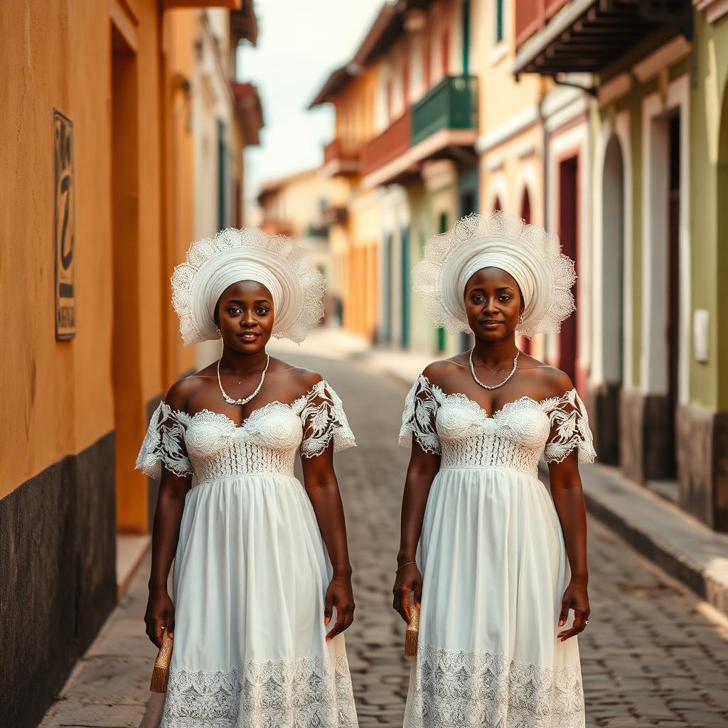 Bahian women in white lace dress on a colorful colonial street in Pelourinho, Salvador
