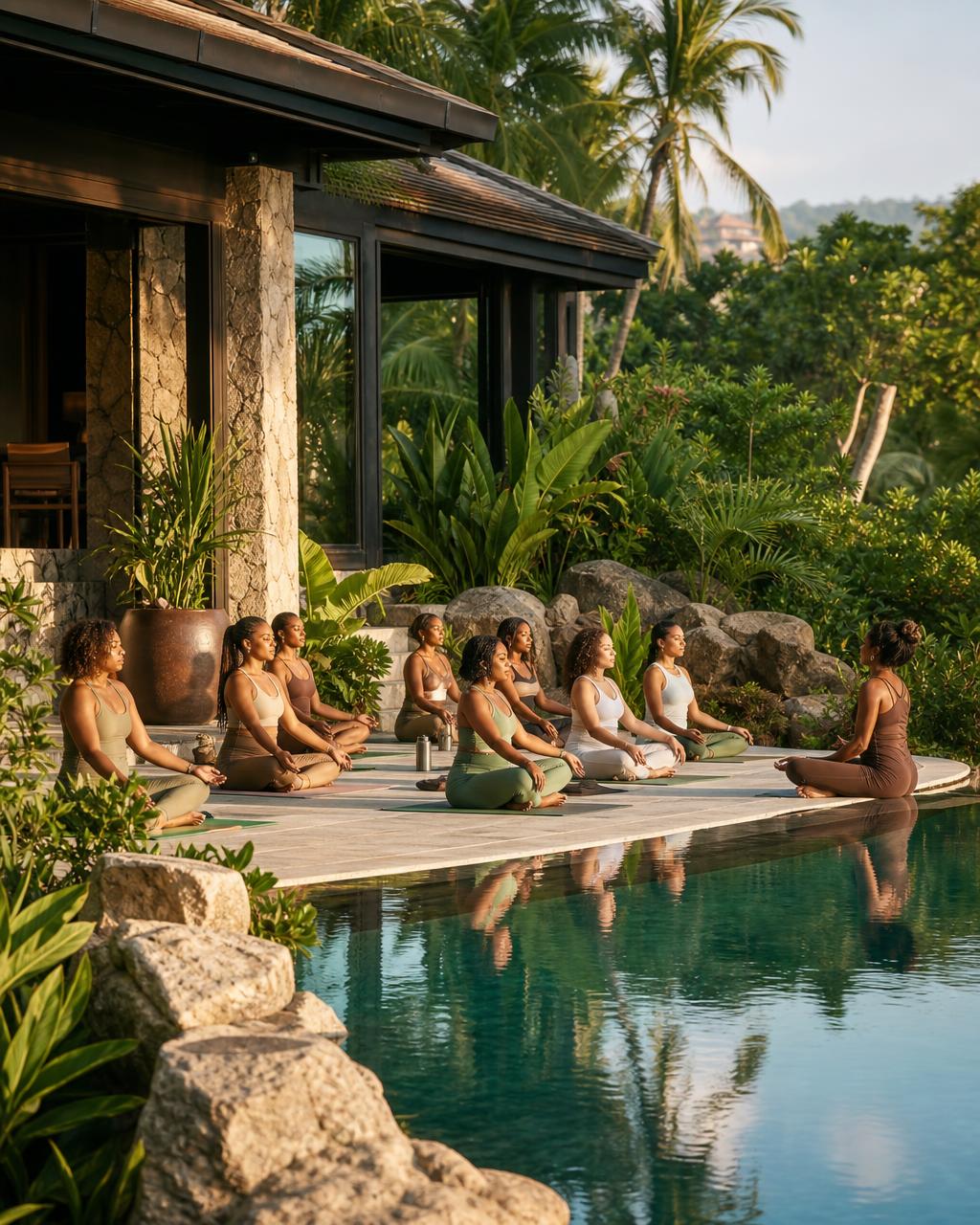 A quiet retreat terrace overlooking the water at sunrise